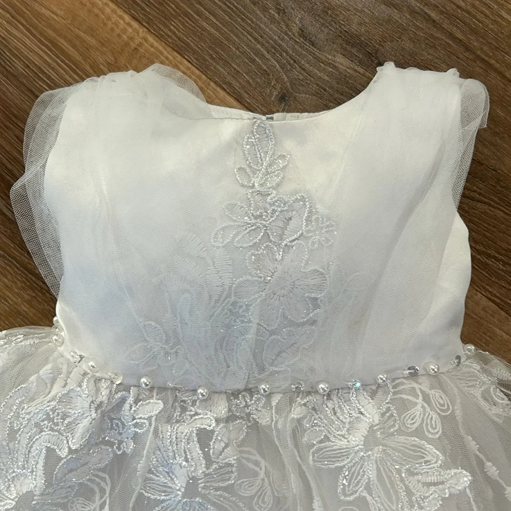 Pink butterfly asymmetrical girls white sparkle tulle floral design dress sz 2T